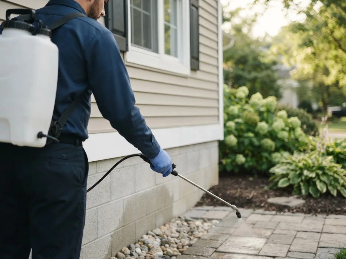 Pest control technician inspecting a home in Zeeland, MI